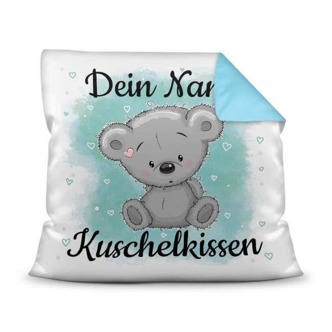 Unser Kissen für Kinder mit Tiermotiv Teddy grau - Rückseite Hellblau - ist das perfekte Kuschelkissen fürs Kinderzimmer - auch als ganz...