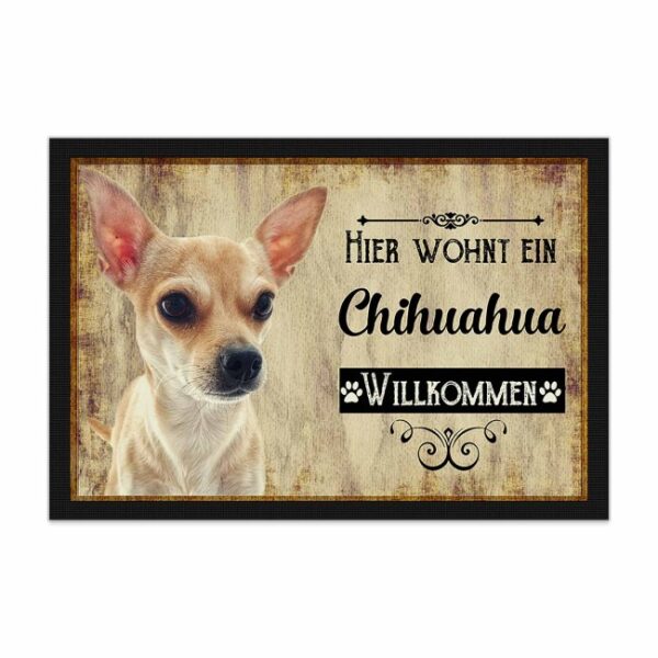 Wunderschöne Fußmatte mit Hundespruch - Hier wohnt ein Chihuahua. Eine besonders schöne Geschenkidee für alle Hundebesitzer in der Familie oder...