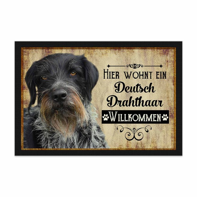 Wunderschöne Fußmatte mit Hundespruch - Hier wohnt ein Deutsch Drahthaar. Eine besonders schöne Geschenkidee für alle Hundebesitzer in der Familie...