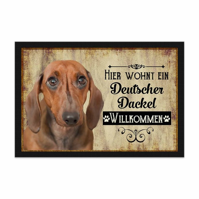 Wunderschöne Fußmatte mit Hundespruch - Hier wohnt ein Deutscher Dackel. Eine besonders schöne Geschenkidee für alle Hundebesitzer in der Familie...