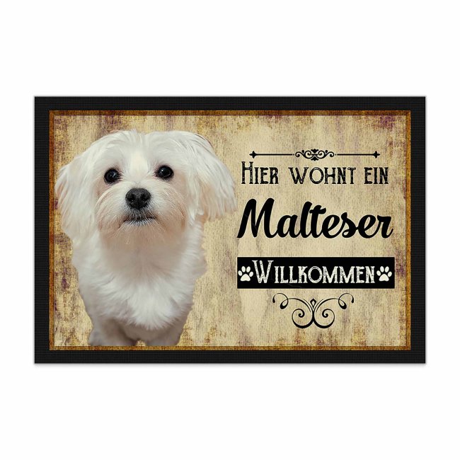 Wunderschöne Fußmatte mit Hundespruch - Hier wohnt ein Malteser. Eine besonders schöne Geschenkidee für alle Hundebesitzer in der Familie oder...