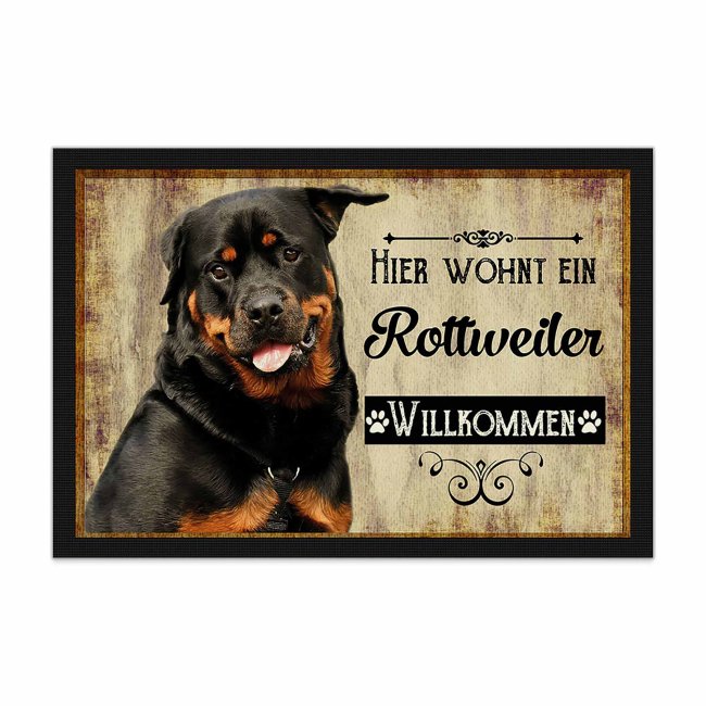 Wunderschöne Fußmatte mit Hundespruch - Hier wohnt ein Rottweiler. Eine besonders schöne Geschenkidee für alle Hundebesitzer in der Familie oder...