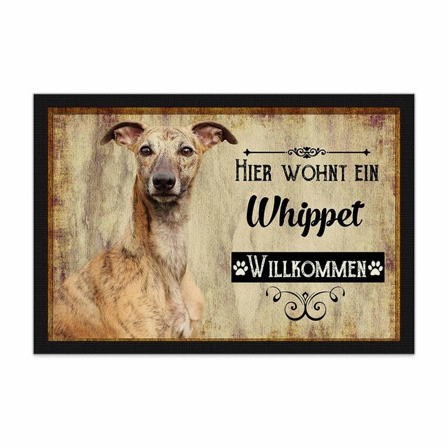 Wunderschöne Fußmatte mit Hundespruch - Hier wohnt ein Whippet. Eine besonders schöne Geschenkidee für alle Hundebesitzer in der Familie oder unter...