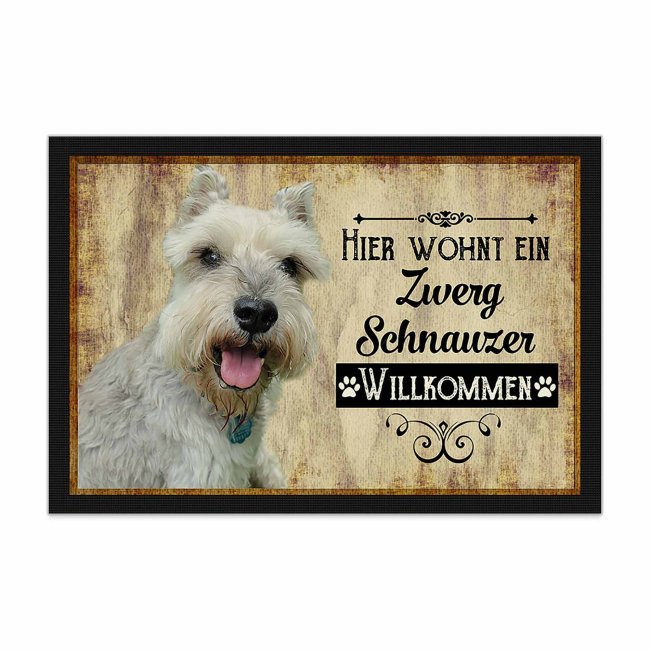 Wunderschöne Fußmatte mit Hundespruch - Hier wohnt ein Zwergschnauzer. Eine besonders schöne Geschenkidee für alle Hundebesitzer in der Familie...