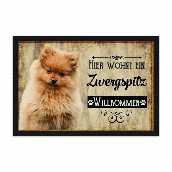 Wunderschöne Fußmatte mit Hundespruch - Hier wohnt ein Zwergspitz. Eine besonders schöne Geschenkidee für alle Hundebesitzer in der Familie oder...