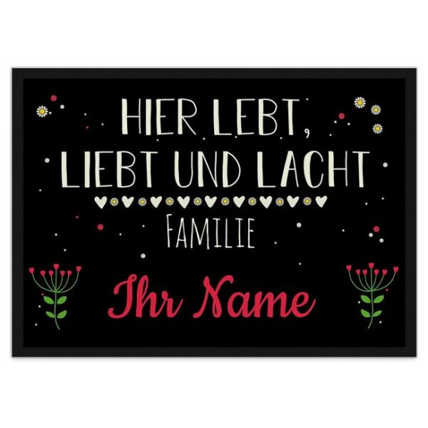 Trendig gestaltete Fußmatte in der Größe 60 x 40 cm mit hübschem Blumenmotiv und Spruch - Hier lebt