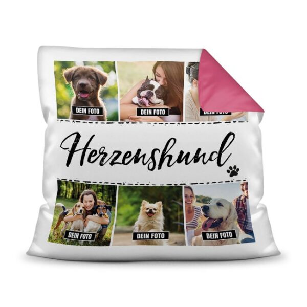 Bedrucktes Zierkissen mit Hunde-Spruch - Fotocollage - Herzenshund - mit sechs Fotos - Dieses selbst gestaltete Kissen macht sich perfekt in jeder...