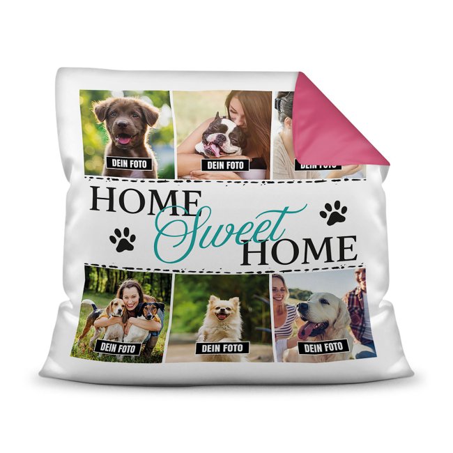 Bedrucktes Zierkissen mit Hunde-Spruch - Fotocollage - Home Sweet Home - mit sechs Fotos - Dieses selbst gestaltete Kissen macht sich perfekt in...