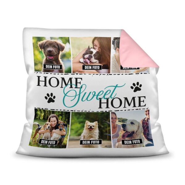 Bedrucktes Zierkissen mit Hunde-Spruch - Fotocollage - Home Sweet Home - mit sechs Fotos - Dieses selbst gestaltete Kissen macht sich perfekt in...