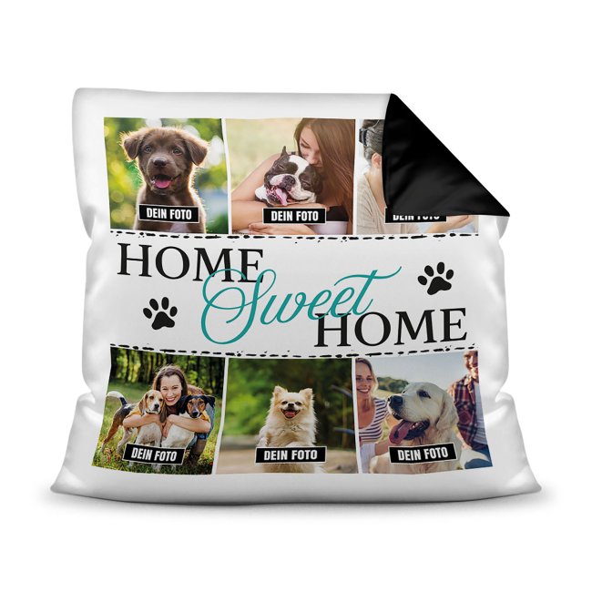 Bedrucktes Zierkissen mit Hunde-Spruch - Fotocollage - Home Sweet Home - mit sechs Fotos - Dieses selbst gestaltete Kissen macht sich perfekt in...