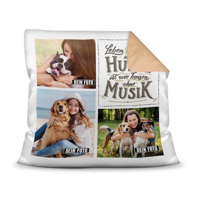 Bedrucktes Zierkissen mit Hunde-Spruch - Fotocollage - Hunde - Musik- mit drei Fotos - Dieses selbst gestaltete Kissen macht sich perfekt in jeder...