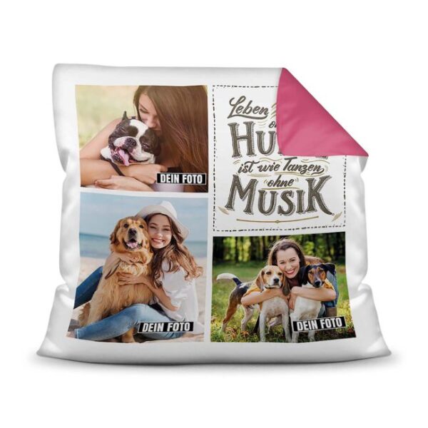 Bedrucktes Zierkissen mit Hunde-Spruch - Fotocollage - Hunde - Musik- mit drei Fotos - Dieses selbst gestaltete Kissen macht sich perfekt in jeder...