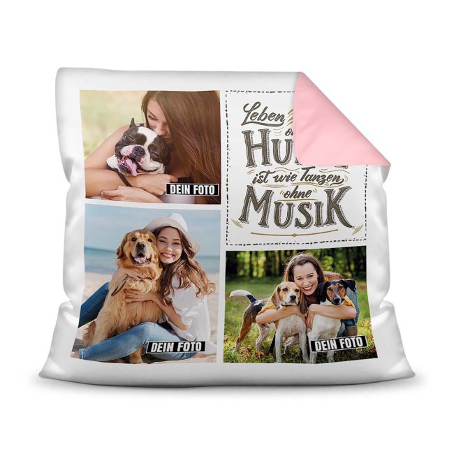 Bedrucktes Zierkissen mit Hunde-Spruch - Fotocollage - Hunde - Musik- mit drei Fotos - Dieses selbst gestaltete Kissen macht sich perfekt in jeder...