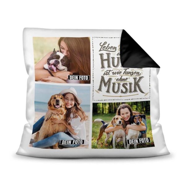 Bedrucktes Zierkissen mit Hunde-Spruch - Fotocollage - Hunde - Musik- mit drei Fotos - Dieses selbst gestaltete Kissen macht sich perfekt in jeder...