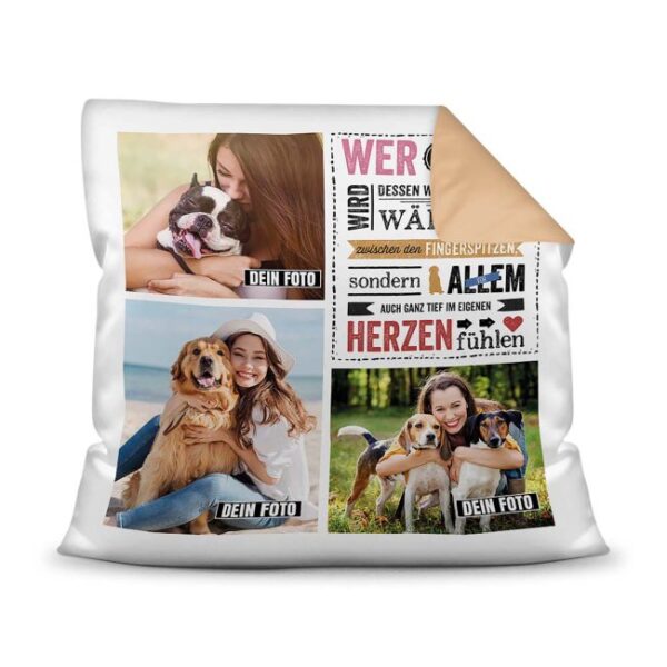 Bedrucktes Zierkissen mit Hunde-Spruch - Fotocollage - Wärme - mit drei Fotos - Dieses selbst gestaltete Kissen macht sich perfekt in jeder Wohnung...