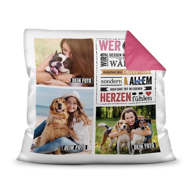 Bedrucktes Zierkissen mit Hunde-Spruch - Fotocollage - Wärme - mit drei Fotos - Dieses selbst gestaltete Kissen macht sich perfekt in jeder Wohnung...