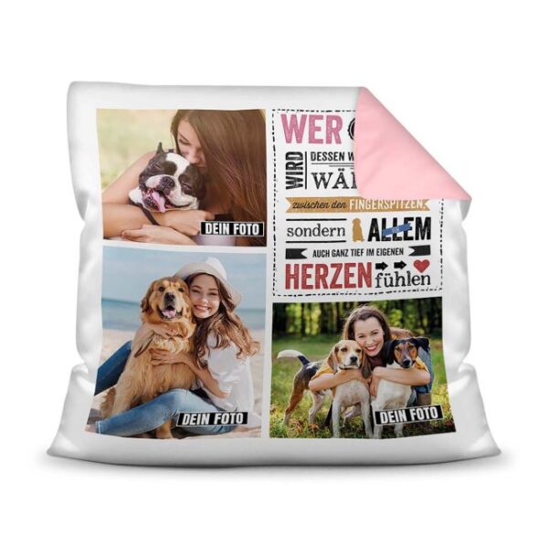 Bedrucktes Zierkissen mit Hunde-Spruch - Fotocollage - Wärme - mit drei Fotos - Dieses selbst gestaltete Kissen macht sich perfekt in jeder Wohnung...