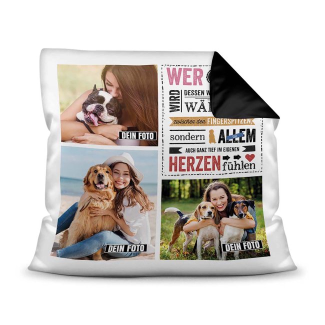 Bedrucktes Zierkissen mit Hunde-Spruch - Fotocollage - Wärme - mit drei Fotos - Dieses selbst gestaltete Kissen macht sich perfekt in jeder Wohnung...