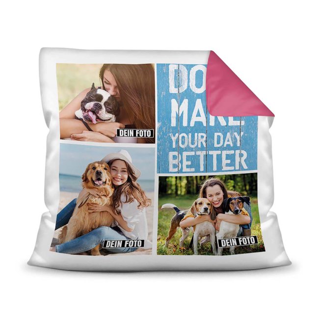 Bedrucktes Zierkissen mit Hunde-Spruch - Fotocollage - Dogs make your day better - mit drei Fotos - Dieses selbst gestaltete Kissen macht sich...