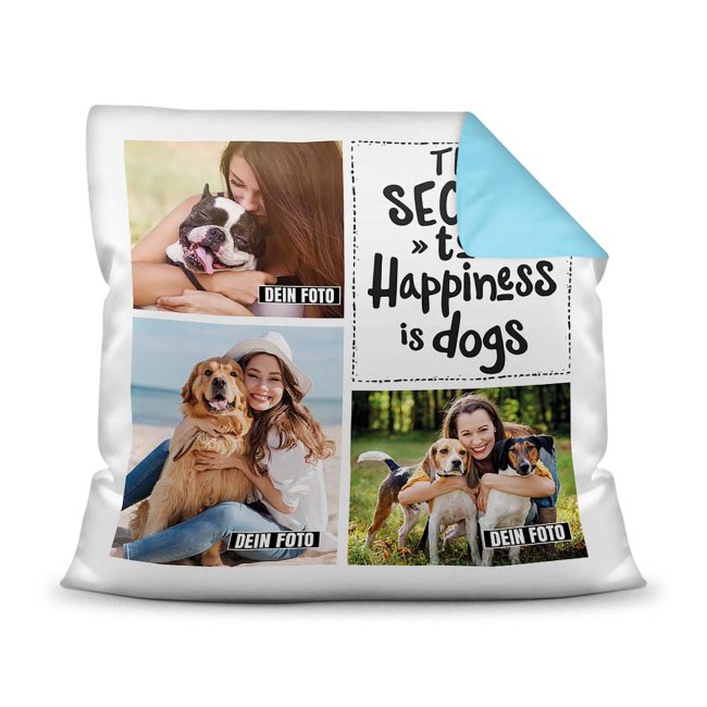 Bedrucktes Zierkissen mit Hunde-Spruch - Fotocollage - Happiness and dogs - mit drei Fotos - Dieses selbst gestaltete Kissen macht sich perfekt in...