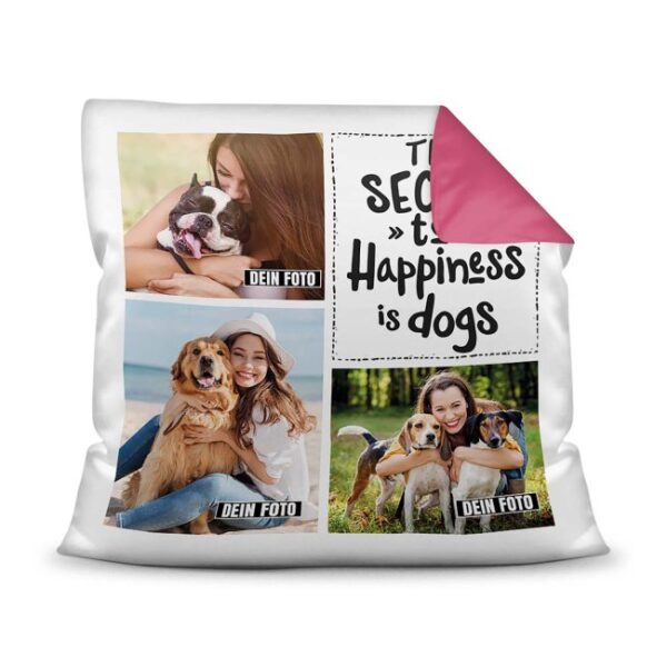 Bedrucktes Zierkissen mit Hunde-Spruch - Fotocollage - Happiness and dogs - mit drei Fotos - Dieses selbst gestaltete Kissen macht sich perfekt in...