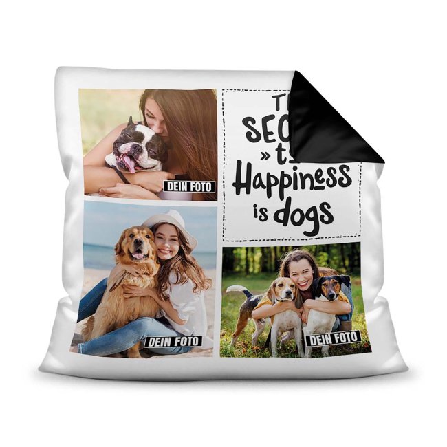 Bedrucktes Zierkissen mit Hunde-Spruch - Fotocollage - Happiness and dogs - mit drei Fotos - Dieses selbst gestaltete Kissen macht sich perfekt in...