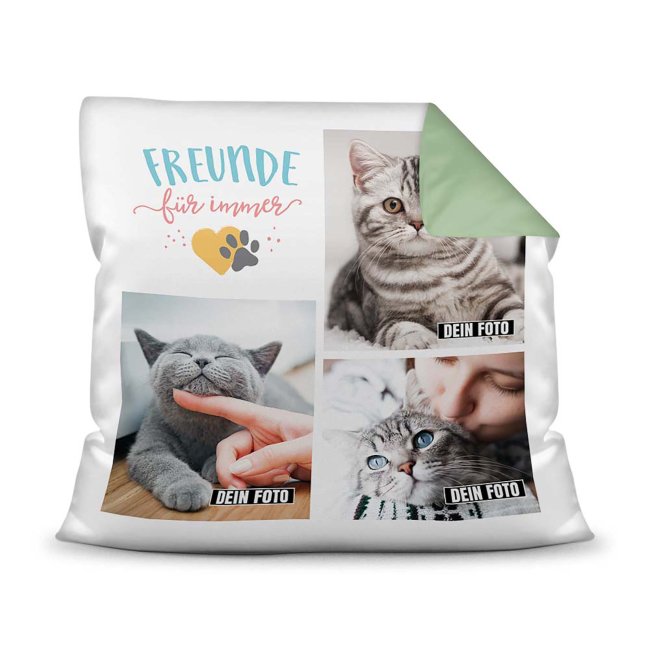 Bedrucktes Zierkissen mit Katzen-Spruch - Fotocollage - Freunde für immer - mit drei Fotos - Dieses selbst gestaltete Kissen macht sich perfekt in...