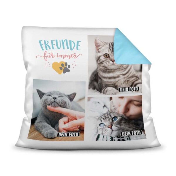 Bedrucktes Zierkissen mit Katzen-Spruch - Fotocollage - Freunde für immer - mit drei Fotos - Dieses selbst gestaltete Kissen macht sich perfekt in...