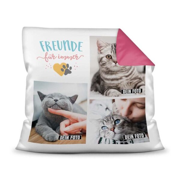 Bedrucktes Zierkissen mit Katzen-Spruch - Fotocollage - Freunde für immer - mit drei Fotos - Dieses selbst gestaltete Kissen macht sich perfekt in...