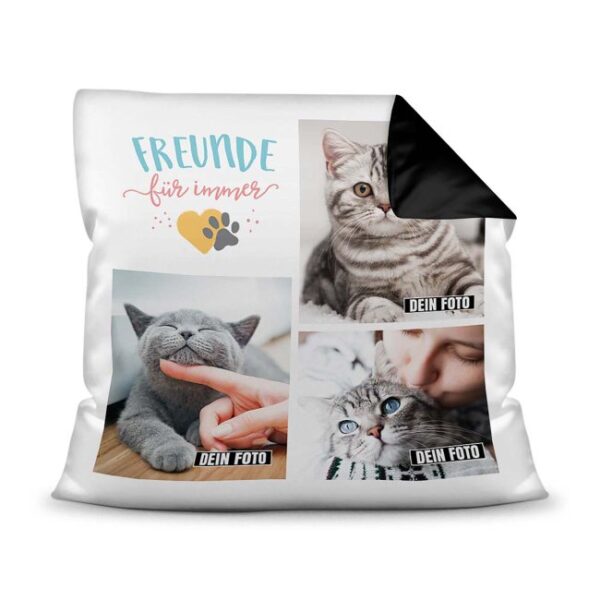 Bedrucktes Zierkissen mit Katzen-Spruch - Fotocollage - Freunde für immer - mit drei Fotos - Dieses selbst gestaltete Kissen macht sich perfekt in...