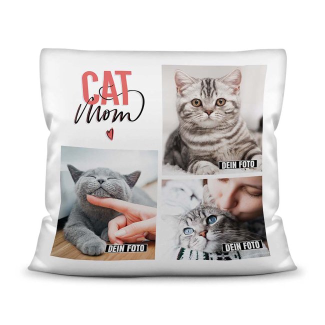 Bedrucktes Zierkissen mit Katzen-Spruch - Fotocollage - Cat Mom - mit drei Fotos - Dieses selbst gestaltete Kissen macht sich perfekt in jeder...