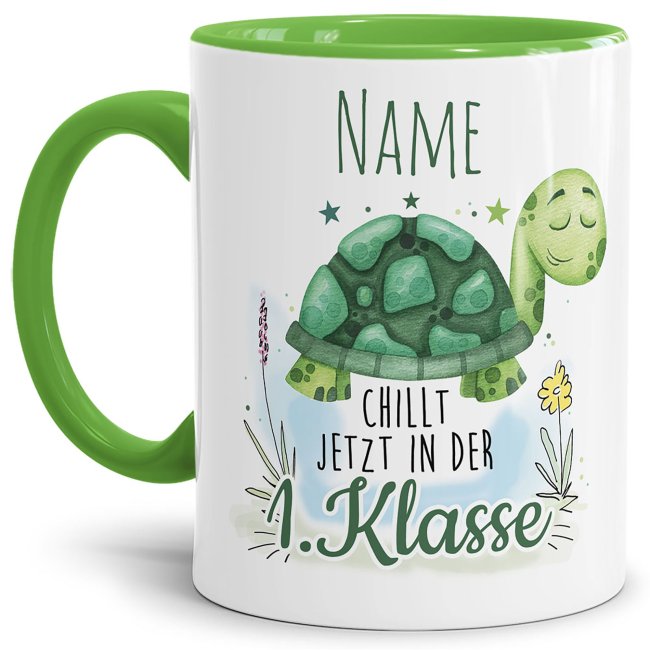 Tasse bedruckt mit süßer Schildkröte und witzigem Spruch für Schulanfänger - eine besondere Geschenkidee zum Schulanfang. Ein persönliches...