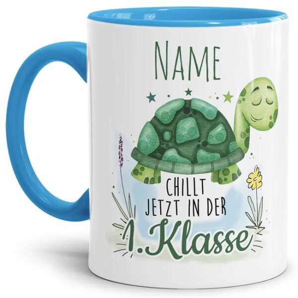 Tasse bedruckt mit süßer Schildkröte und witzigem Spruch für Schulanfänger - eine besondere Geschenkidee zum Schulanfang. Ein persönliches...