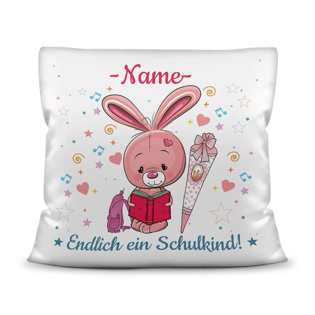 Personalisierbares Kissen mit Name zum Einschulung mit Hasenmotiv. Ein besonderes