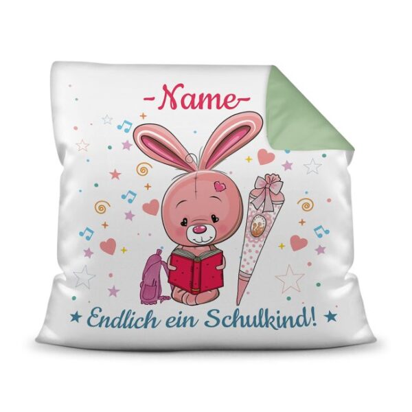 Personalisierbares Kissen mit Name zum Einschulung mit Hasenmotiv. Ein besonderes