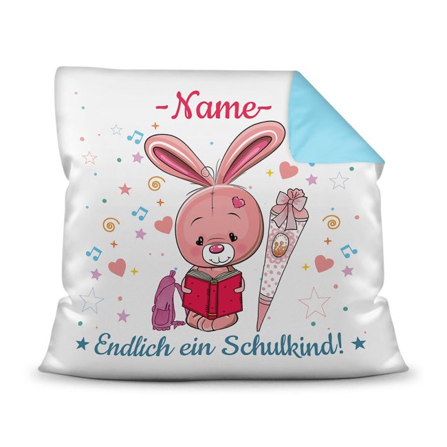 Personalisierbares Kissen mit Name zum Einschulung mit Hasenmotiv. Ein besonderes