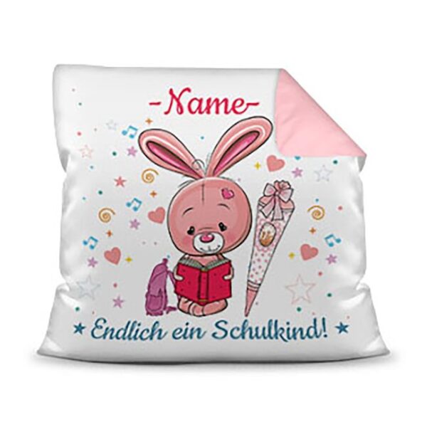 Personalisierbares Kissen mit Name zum Einschulung mit Hasenmotiv. Ein besonderes