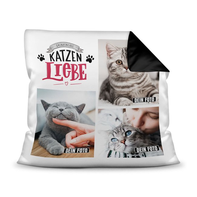 Bedrucktes Zierkissen mit Katzen-Spruch - Fotocollage - Katzenliebe - mit drei Fotos - Dieses selbst gestaltete Kissen macht sich perfekt in jeder...