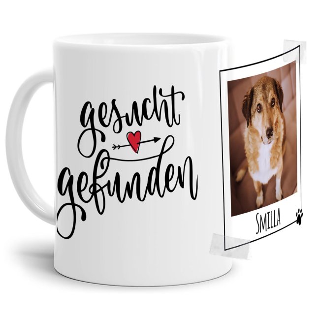 Liebevoll gestaltete Keramik-Tasse mit lustigem Hunde-Spruch - Gesucht Gefunden - mit Foto & Name selbst gestalten - Diese personalisierte...