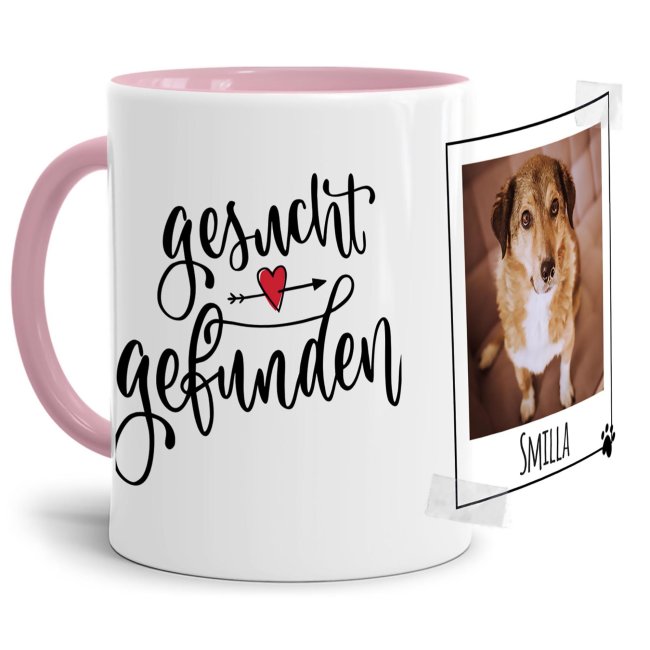 Liebevoll gestaltete Keramik-Tasse mit lustigem Hunde-Spruch - Gesucht Gefunden - mit Foto & Name selbst gestalten - Diese personalisierte...