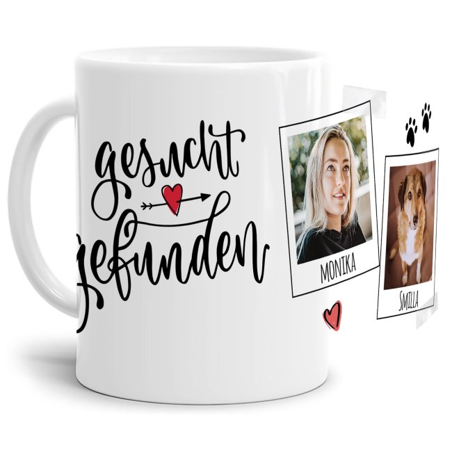 Liebevoll gestaltete Keramik-Tasse mit lustigem Hunde-Spruch - Gesucht Gefunden - mit Foto & Name selbst gestalten - Diese personalisierte...