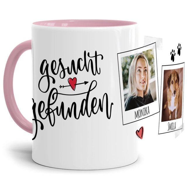 Liebevoll gestaltete Keramik-Tasse mit lustigem Hunde-Spruch - Gesucht Gefunden - mit Fotos & Namen selbst gestalten - Diese personalisierte...