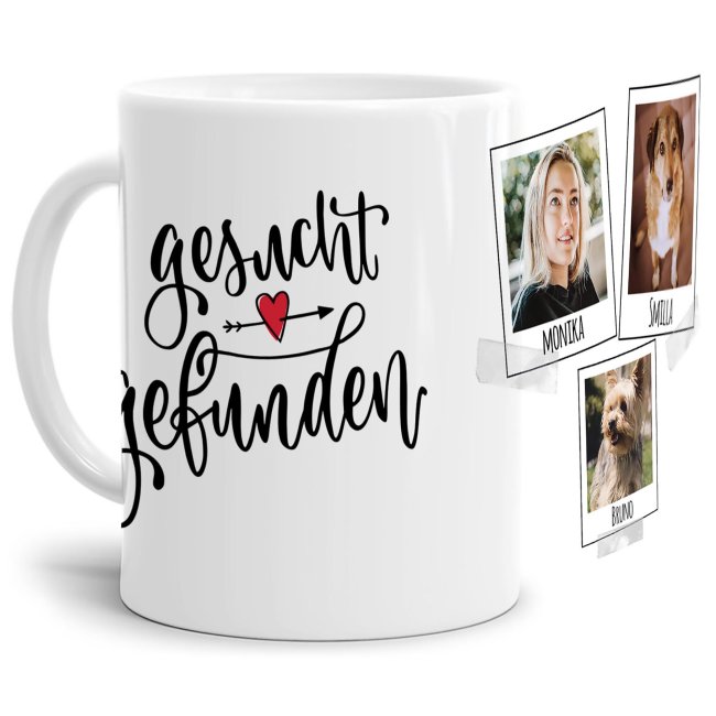 Liebevoll gestaltete Keramik-Tasse mit lustigem Hunde-Spruch - Gesucht Gefunden - mit Fotos & Namen selbst gestalten - Diese personalisierte...