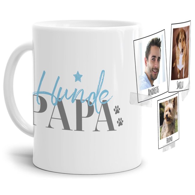 Liebevoll gestaltete Keramik-Tasse mit lustigem Hunde-Spruch - Hundepapa - mit Fotos & Namen selbst gestalten - Diese personalisierte...