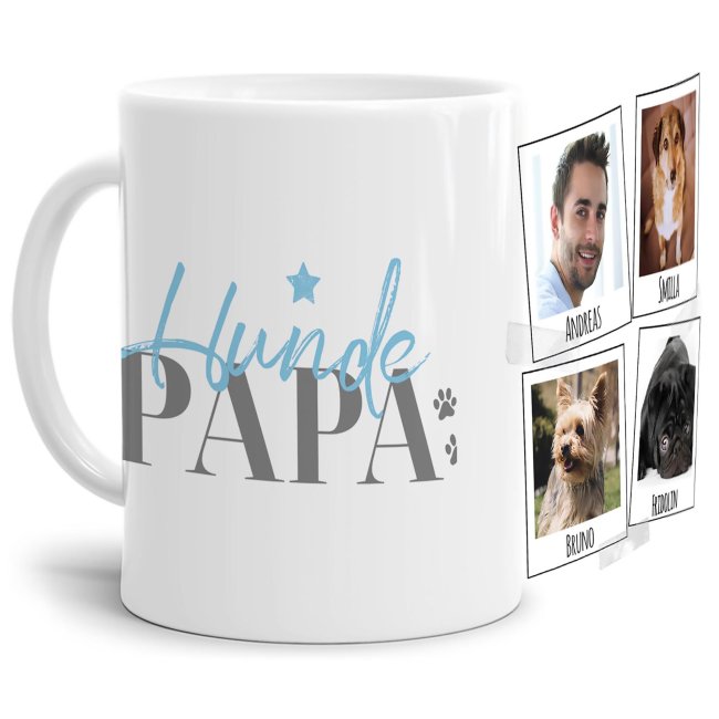 Liebevoll gestaltete Keramik-Tasse mit lustigem Hunde-Spruch - Hundepapa - mit Fotos & Namen selbst gestalten - Diese personalisierte...