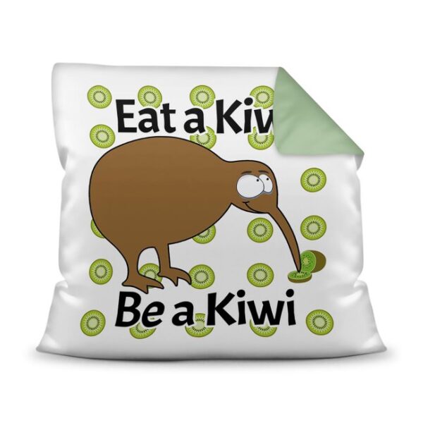 Deko-Kissen mit Kiwi-Motiv und Spruch - Eat a Kiwi - Be a Kiwi - für jeden Anlass. Die perfekte Geschenkidee für die Familie