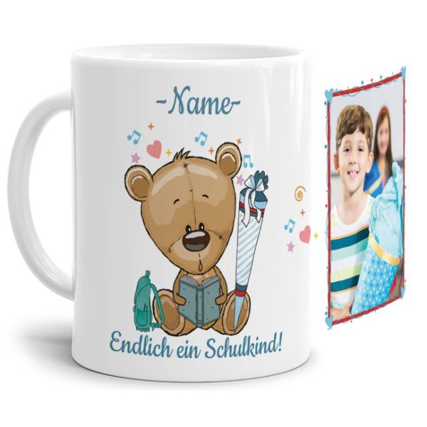 Süße Tiertasse personalisierbar mit Wunschname für Schulanfänger mit Teddymotiv. Ein besonderes