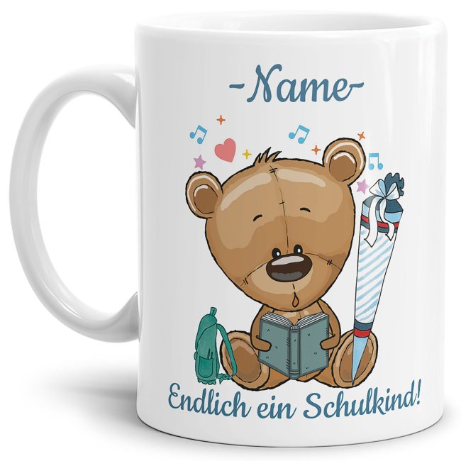 Süße Tiertasse personalisierbar mit Wunschname für Schulanfänger mit Teddymotiv. Ein besonderes