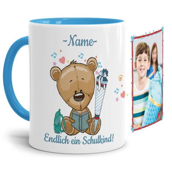 Süße Tiertasse personalisierbar mit Wunschname für Schulanfänger mit Teddymotiv. Ein besonderes