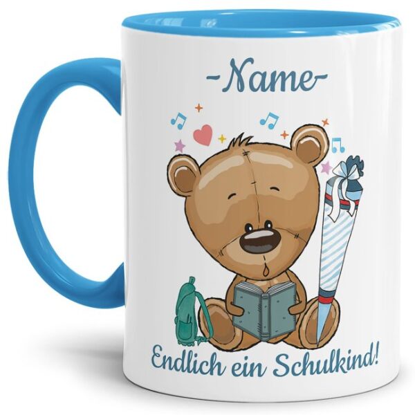 Süße Tiertasse personalisierbar mit Wunschname für Schulanfänger mit Teddymotiv. Ein besonderes